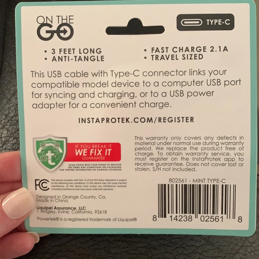 NIB USB cable with Type-C connector- 3 foot retractable cable